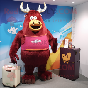 Maroon Yak mascot costume character dressed with a One-Piece Swimsuit and Briefcases
