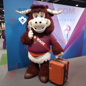 Maroon Yak mascot costume character dressed with a One-Piece Swimsuit and Briefcases