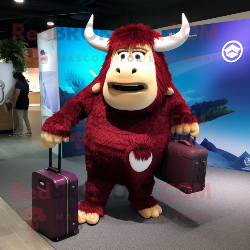 Maroon Yak mascot costume character dressed with a One-Piece Swimsuit and Briefcases Maroon Yak mascot costume character dressed with a One-Piece Swimsuit and Briefcases