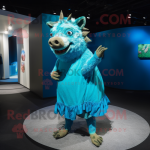 Cyan Wild Boar mascot costume character dressed with a Wrap Dress and Hairpins