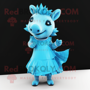 Cyan Wild Boar mascot costume character dressed with a Wrap Dress and Hairpins