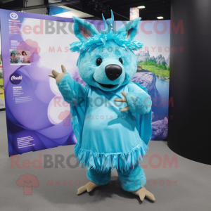 Cyan Wild Boar mascot costume character dressed with a Wrap Dress and Hairpins