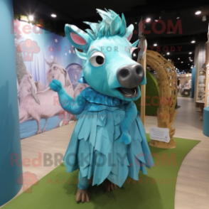 Cyan Wild Boar mascot costume character dressed with a Wrap Dress and Hairpins