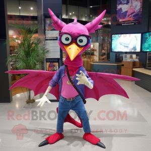 Magenta Pterodactyl mascot costume character dressed with a Skinny Jeans and Eyeglasses