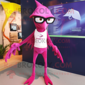 Magenta Pterodactyl mascot costume character dressed with a Skinny Jeans and Eyeglasses