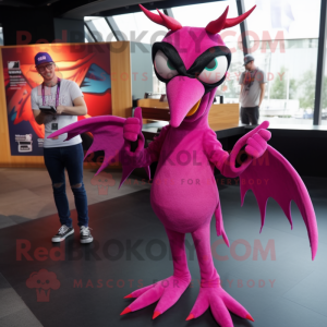 Magenta Pterodactyl mascot costume character dressed with a Skinny Jeans and Eyeglasses
