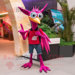 Magenta Pterodactyl mascot costume character dressed with a Skinny Jeans and Eyeglasses