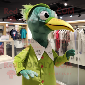 Green Woodpecker mascot costume character dressed with a Button-Up Shirt and Hairpins
