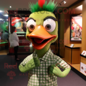 Green Woodpecker mascot costume character dressed with a Button-Up Shirt and Hairpins