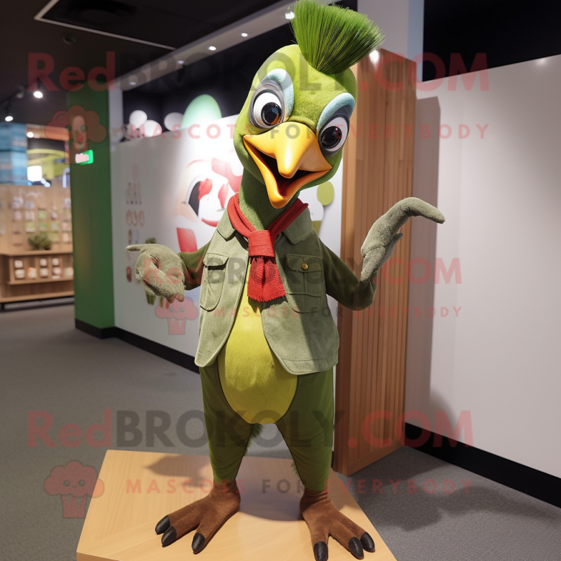 Green Woodpecker mascot costume character dressed with a Button-Up Shirt and Hairpins