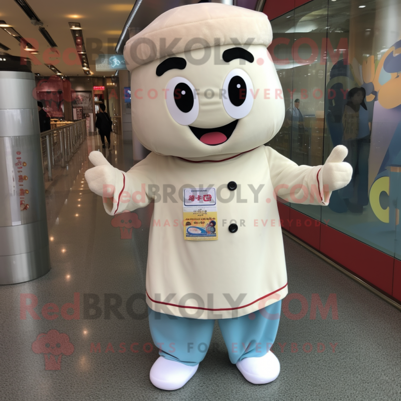 Cream Dim Sum mascot costume character dressed with a Button-Up Shirt and Beanies Cream Dim Sum mascot costume character dressed with a Button-Up Shirt and Beanies
