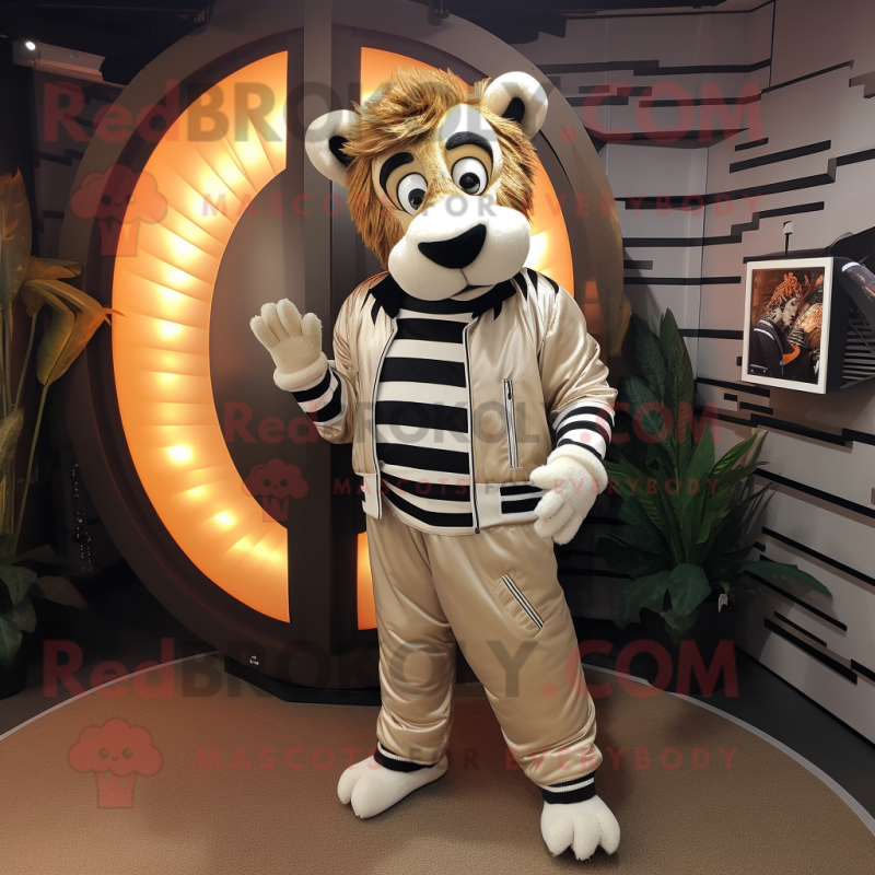 Tan Zebra mascot costume character dressed with a Bomber Jacket and Rings