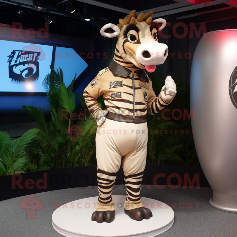 Tan Zebra mascot costume character dressed with a Bomber Jacket and Rings