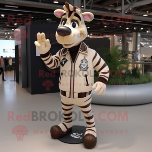 Tan Zebra mascot costume character dressed with a Bomber Jacket and Rings