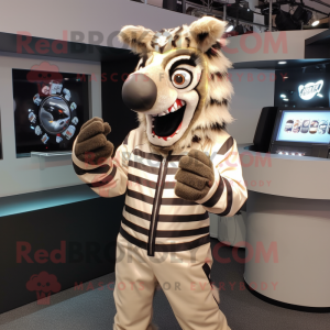 Tan Zebra mascot costume character dressed with a Bomber Jacket and Rings