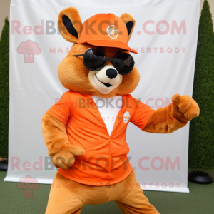 Orange Squirrel mascot costume character dressed with a Jeggings and Sunglasses