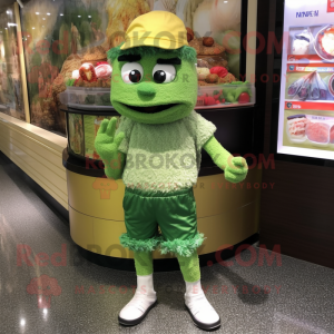 Green Fried Rice mascot costume character dressed with a Cargo Shorts and Brooches