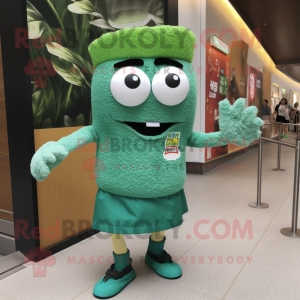 Green Fried Rice mascot costume character dressed with a Cargo Shorts and Brooches