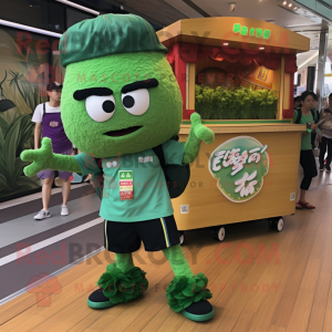 Green Fried Rice mascot costume character dressed with a Cargo Shorts and Brooches