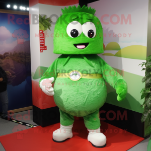 Green Fried Rice mascot costume character dressed with a Cargo Shorts and Brooches