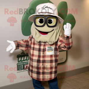 Olive Clam Chowder mascot costume character dressed with a Flannel Shirt and Eyeglasses