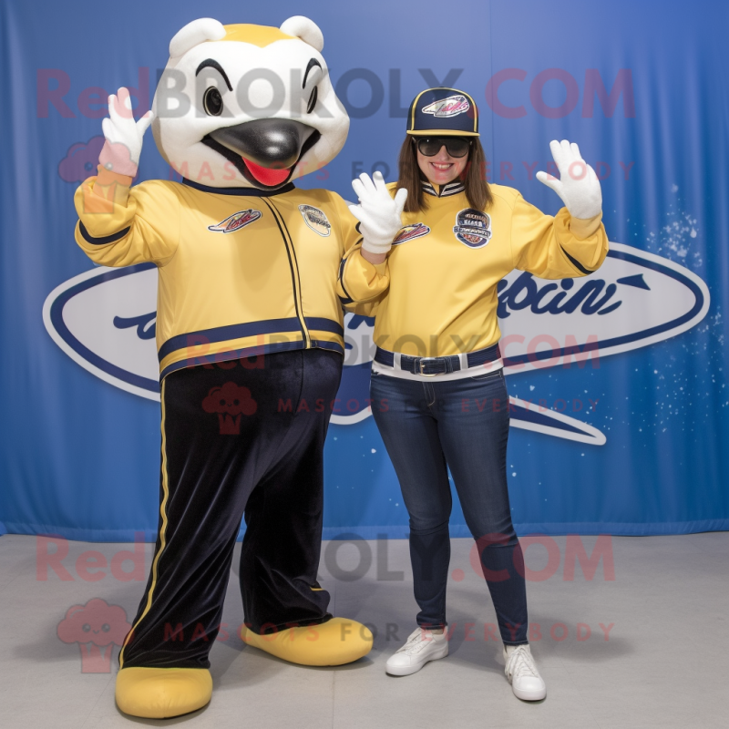 Gold Killer Whale mascot costume character dressed with a Mom Jeans and Keychains Gold Killer Whale mascot costume character dressed with a Mom Jeans and Keychains