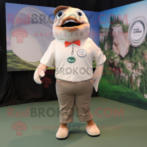 Beige Salmon mascot costume character dressed with a T-Shirt and Cufflinks