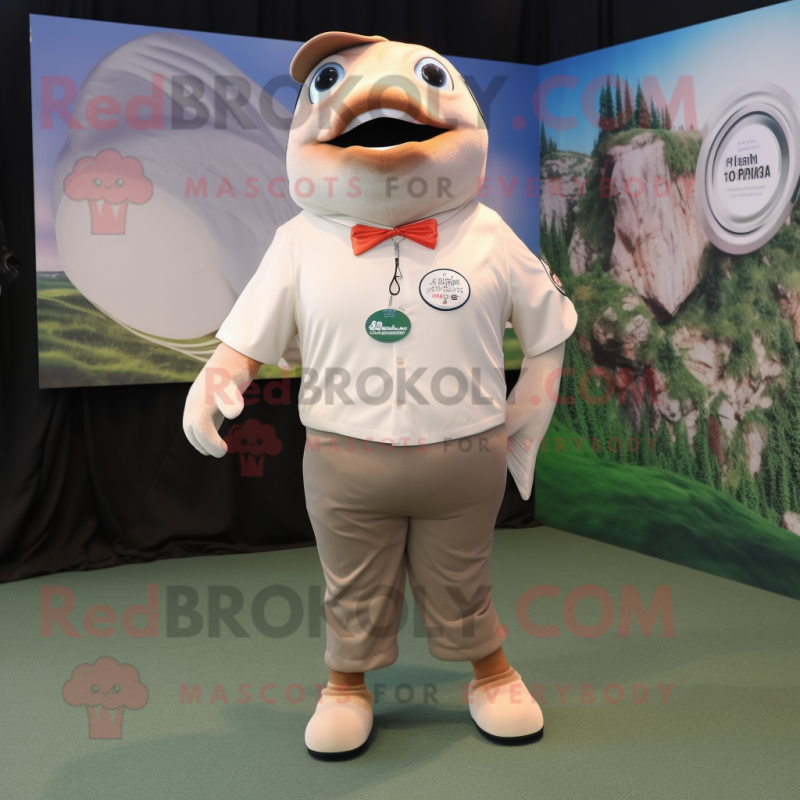Beige Salmon mascot costume character dressed with a T-Shirt and Cufflinks Beige Salmon mascot costume character dressed with a T-Shirt and Cufflinks