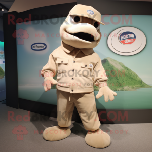 Beige Salmon mascot costume character dressed with a T-Shirt and Cufflinks