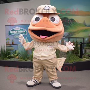 Beige Salmon mascot costume character dressed with a T-Shirt and Cufflinks