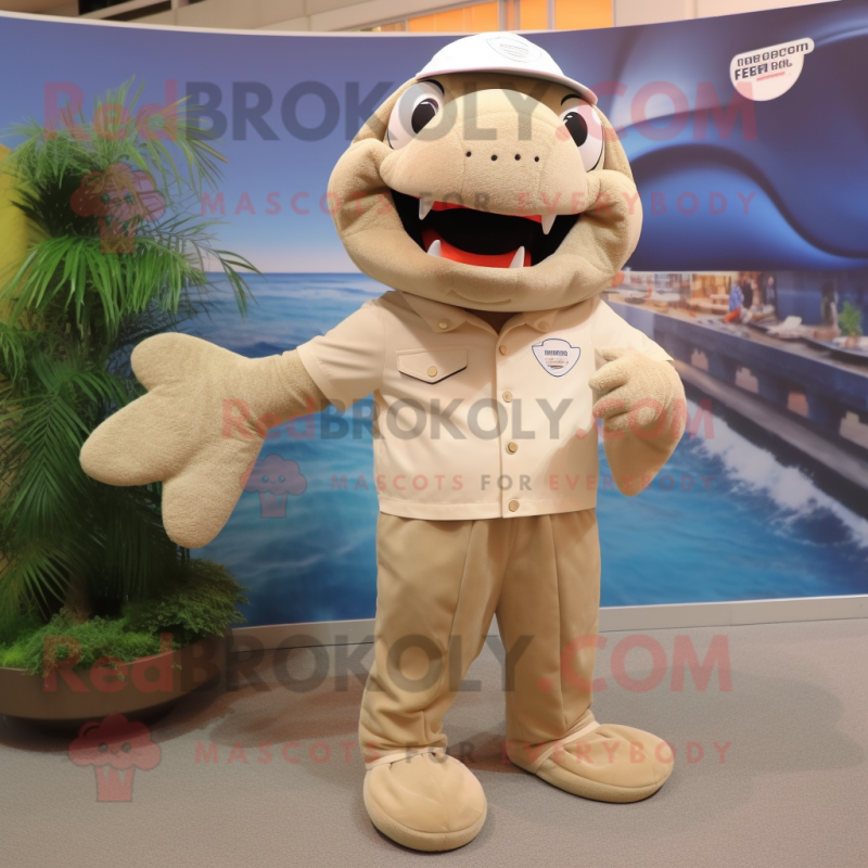 Beige Salmon mascot costume character dressed with a T-Shirt and Cufflinks