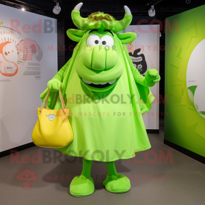 Lime Green Beef Stroganoff mascot costume character dressed with a Circle Skirt and Tote bags