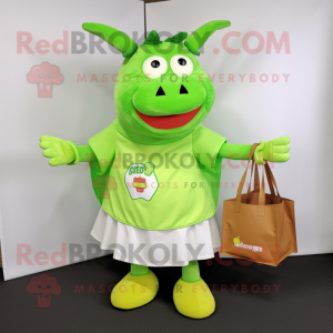 Lime Green Beef Stroganoff mascot costume character dressed with a Circle Skirt and Tote bags