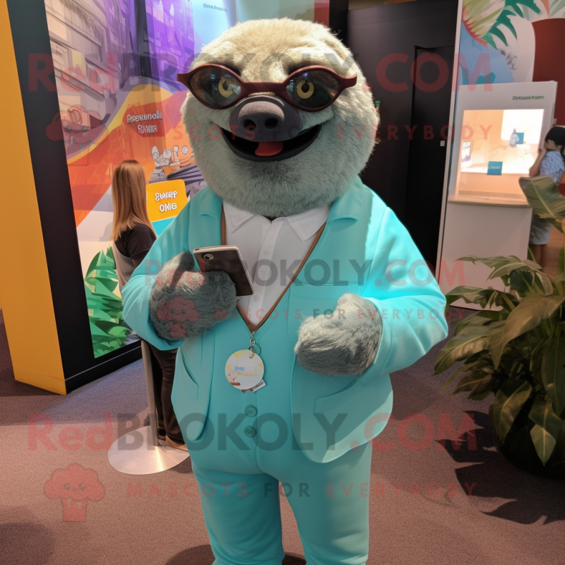 Teal Sloth mascot costume character dressed with a Henley Shirt and Ties Teal Sloth mascot costume character dressed with a Henley Shirt and Ties