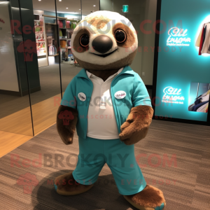 Teal Sloth mascot costume character dressed with a Henley Shirt and Ties