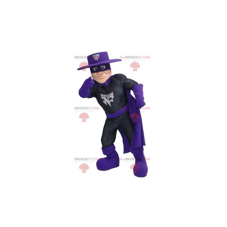 Mascote do super-herói Zorro em traje preto e roxo -