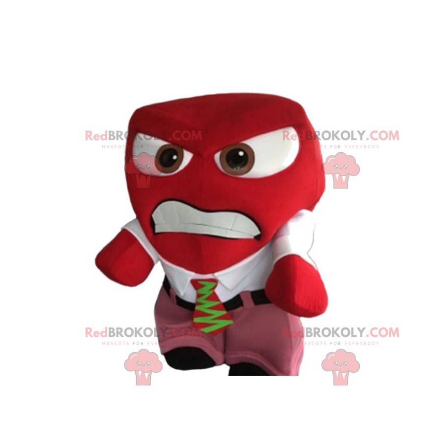 Mascotte de bonhomme rouge agressif avec son costume cravate -