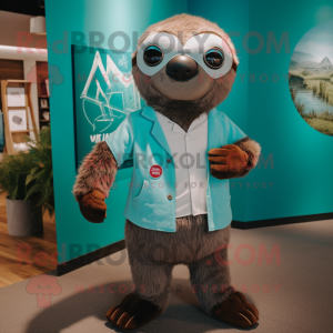 Teal Sloth mascot costume character dressed with a Henley Shirt and Ties