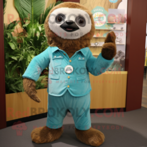 Teal Sloth mascot costume character dressed with a Henley Shirt and Ties