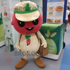 Beige Strawberry mascot costume character dressed with a Jeans and Coin purses