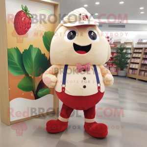 Beige Strawberry mascot costume character dressed with a Jeans and Coin purses