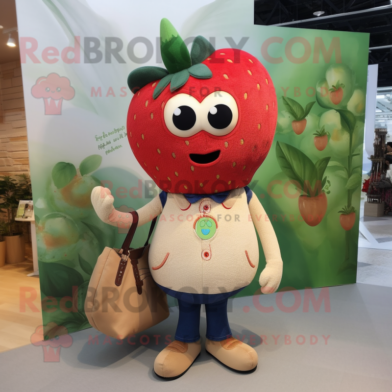 Beige Strawberry mascot costume character dressed with a Jeans and Coin purses Beige Strawberry mascot costume character dressed with a Jeans and Coin purses