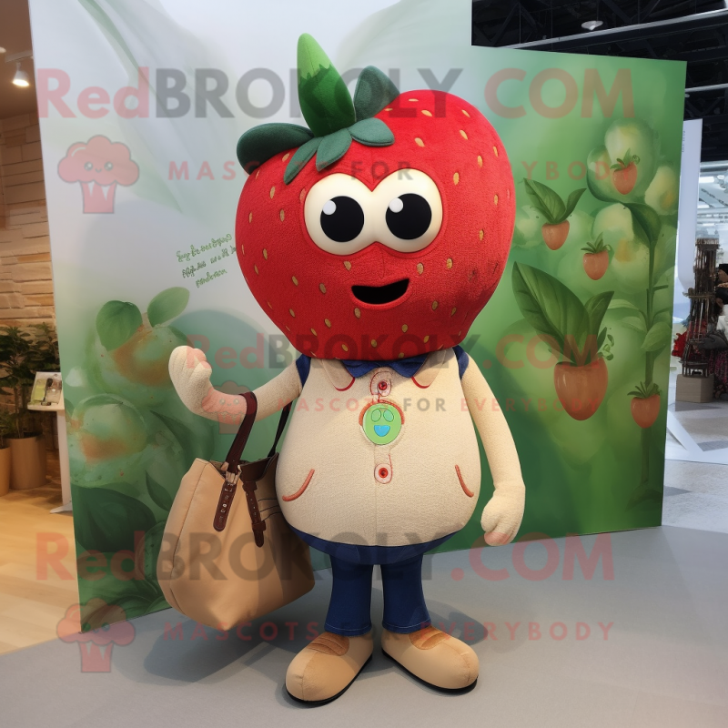 Beige Strawberry mascot costume character dressed with a Jeans and Coin purses