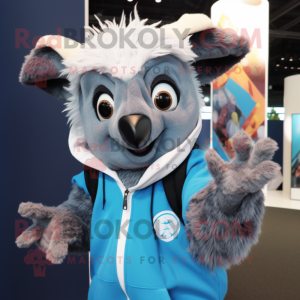 Sky Blue Aye-Aye mascot costume character dressed with a Hoodie and Wraps