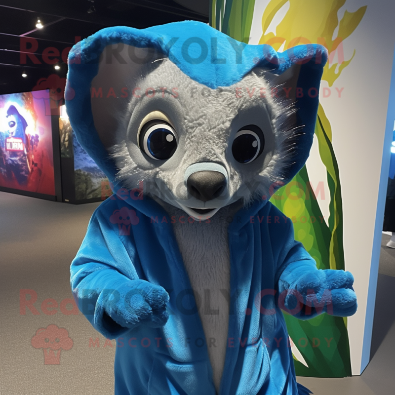 Sky Blue Aye-Aye mascot costume character dressed with a Hoodie and Wraps