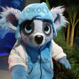 Sky Blue Aye-Aye mascot costume character dressed with a Hoodie and Wraps