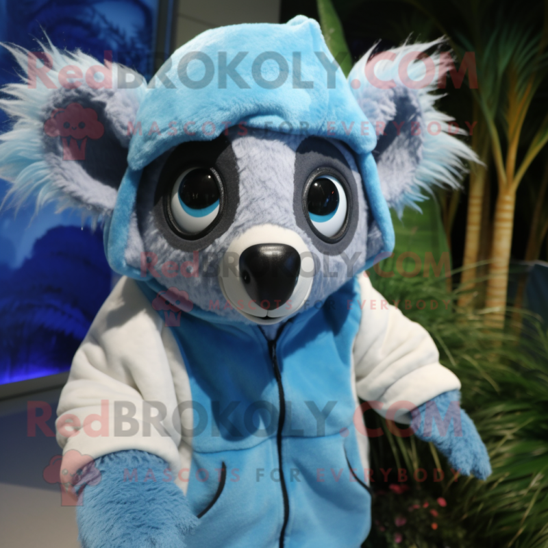Sky Blue Aye-Aye mascot costume character dressed with a Hoodie and Wraps Sky Blue Aye-Aye mascot costume character dressed with a Hoodie and Wraps
