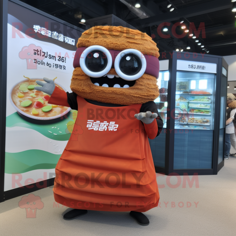Rust Sushi mascot costume character dressed with a Maxi Dress and Eyeglasses Rust Sushi mascot costume character dressed with a Maxi Dress and Eyeglasses