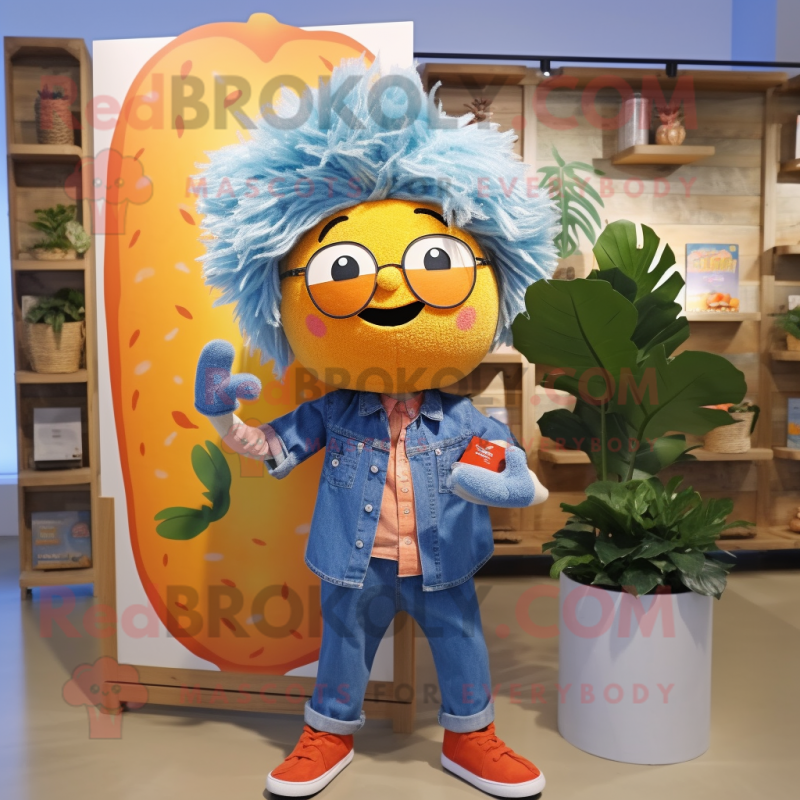 Orange Mango mascot costume character dressed with a Chambray Shirt and Hair clips