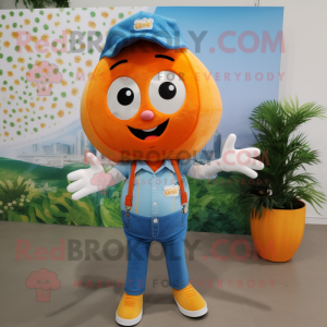 Orange Mango mascot costume character dressed with a Chambray Shirt and Hair clips